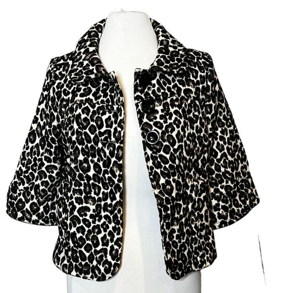 FOREVER 21 3/4 Sleeve Swing Jacket Blazer Neutral Jacquard Spotted Animal Print - Picture 2 of 12